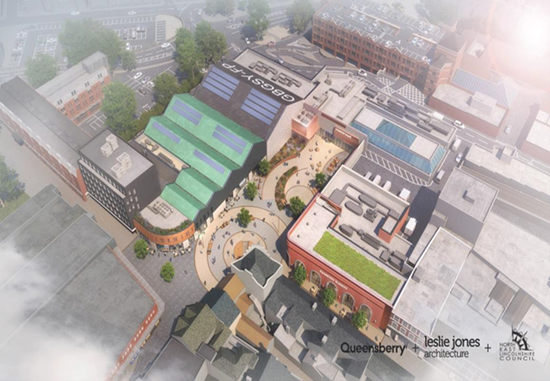 A rendered image showing new buildings and a public square